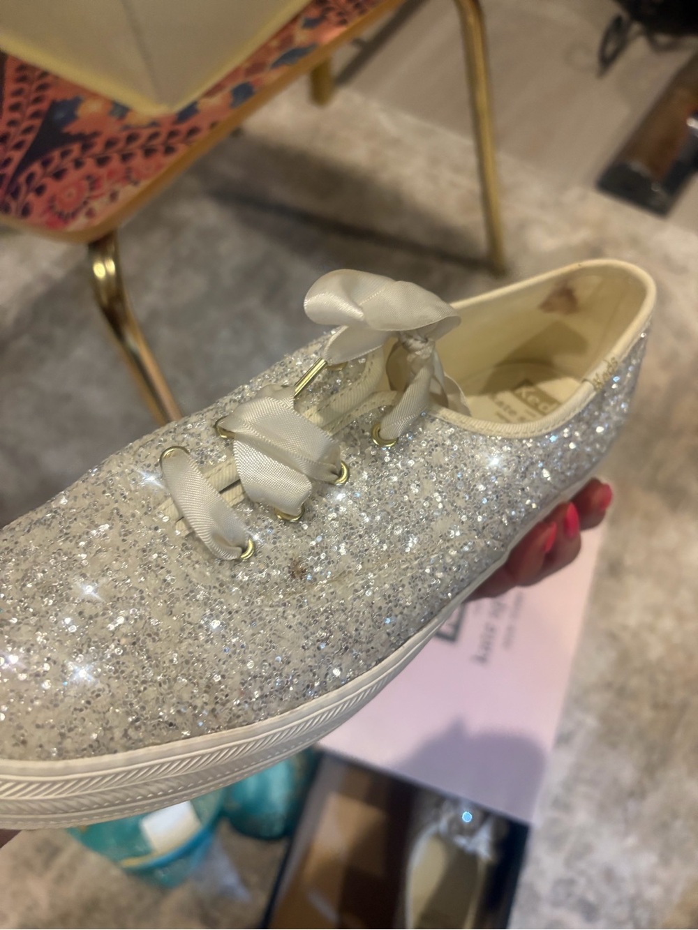 kate spade Glitter Ribbon Lace-Up Sneaker in Ivory